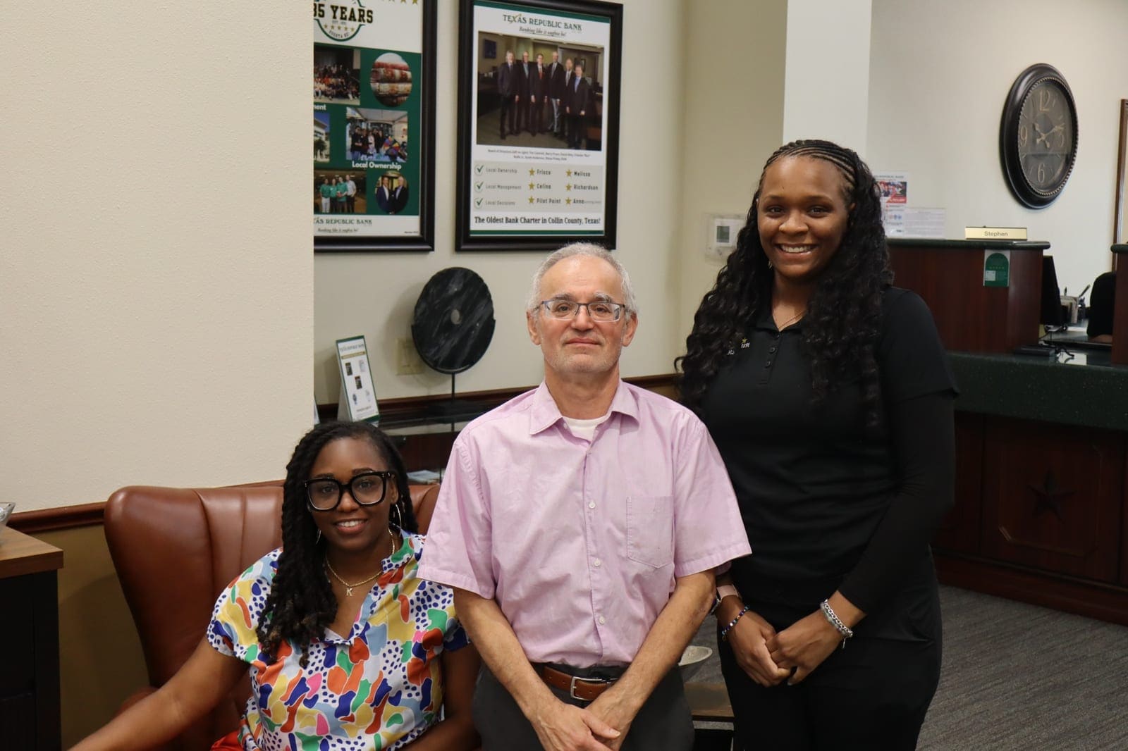 Members of Texas Republic Bank’s Deposit Services team in a branch lobby
